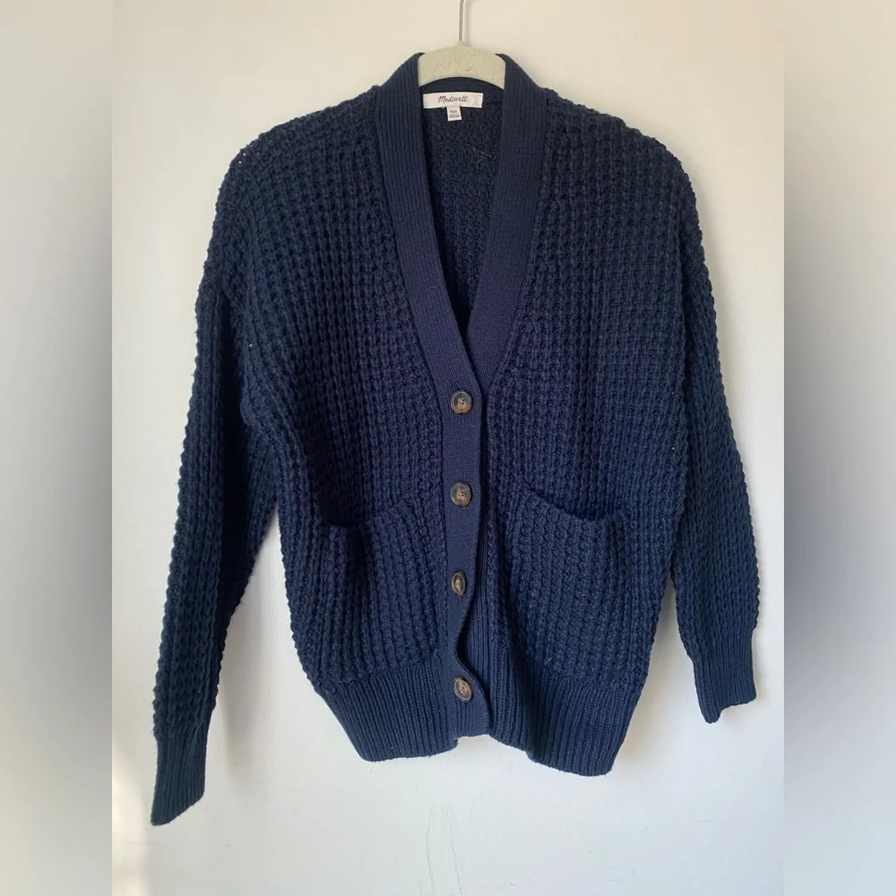 Madewell Navy Waffle-Knit Button Cardigan - Picture 2 of 9